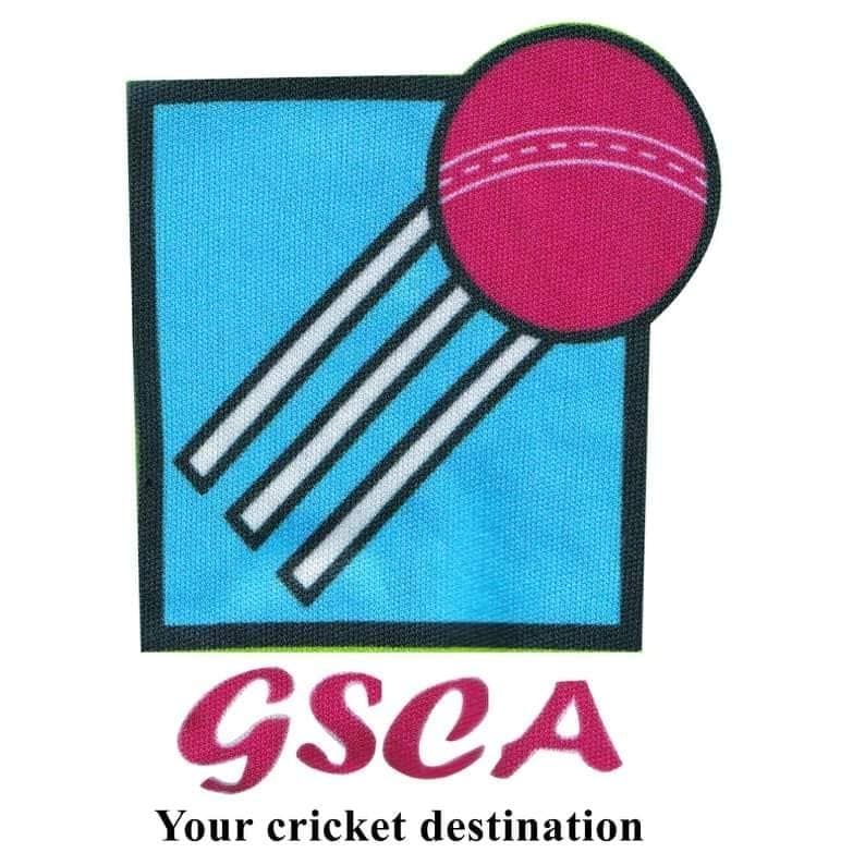 The GSCA crest: a pink ball and three stumps on a blue square, above the words Your cricket destination