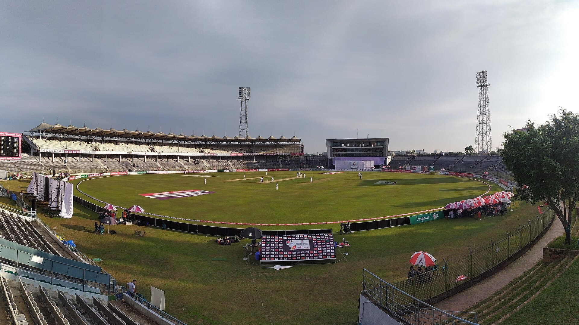 Panoramic view of Sylhet International Cricket Stadium on a cloudy day